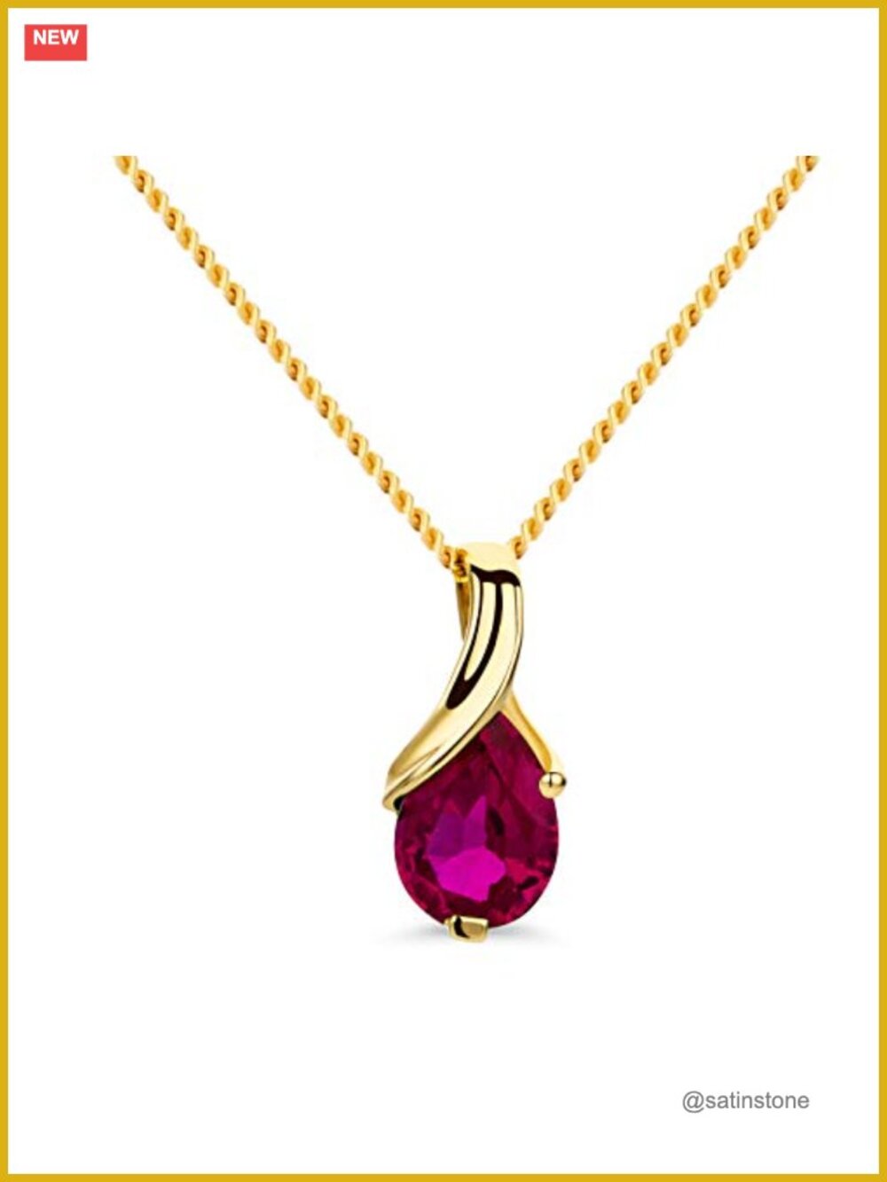 14K Gold Pendant Necklace with Ruby Gemstone and 17.7 Inch Curb Chain